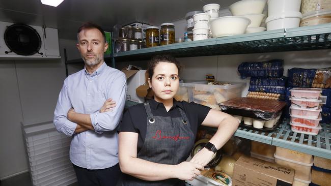 Small businesses and restaurants are facing very tough times. Cordell Khoury Beccofino restaurant owner and Louise Flood. Picture: AAP