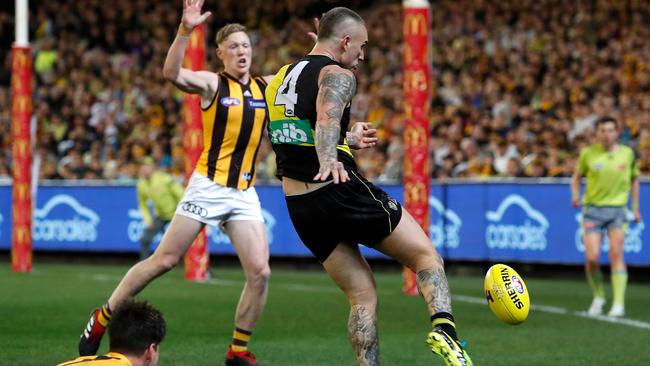 How did Dustin Martin kick this? Picture: AFL Media