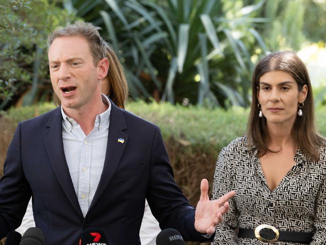 ADELAIDE/ KAURNA YARTA, AUSTRALIA - NewsWire Photos MARCH 1, 2024: SA Liberal Party Leader David Speirs and Anna Finizio at a press conference responding to Tom KoutsantonisÃ¢â¬â¢s comments on Finizio. Picture: NCA NewsWire / Morgan Sette