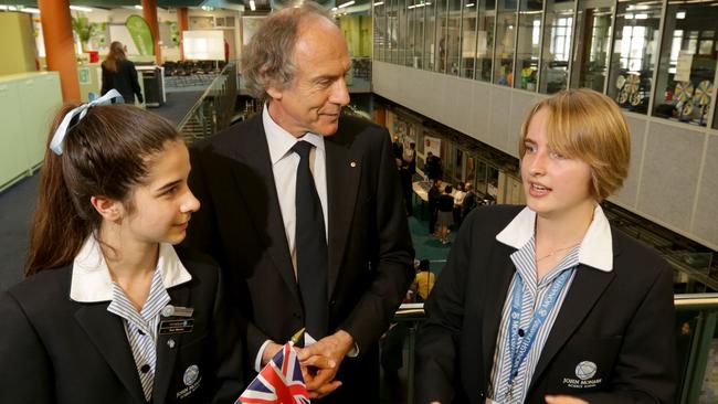 07/12/2015: Alan Finkel talks with Laurene Colin (15, Left) and Jess Woolley (16) during the International Student Science Fair at the John Monash Science School, Clayton. Alan Finkel is Australia's Incoming Chief Scientist and is presenting during the Fair. Stuart McEvoy for The Australian.