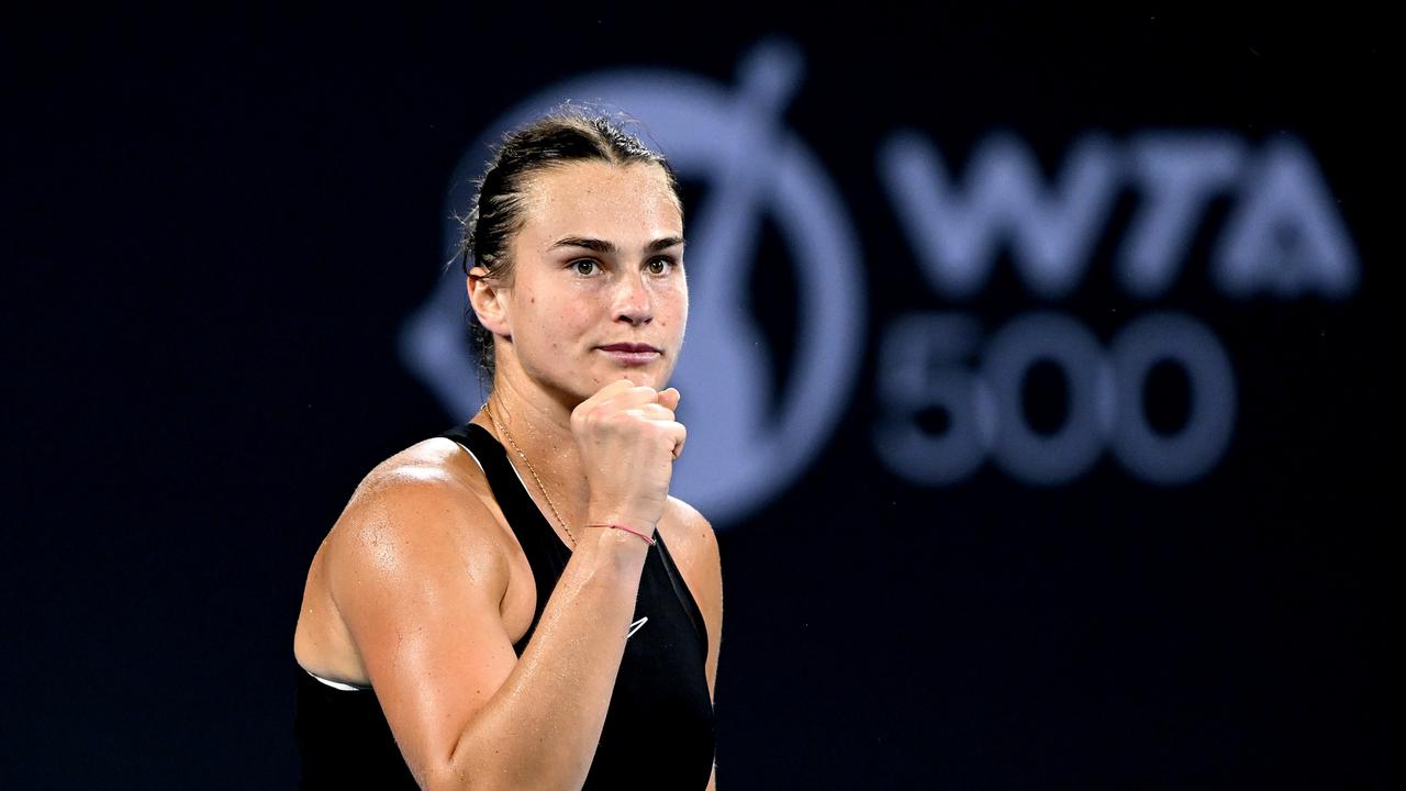 Aryna Sabalenka of Belarus celebrates after winning a point in her semi final match against Victoria Azarenka at the Brisbane International. Picture: Bradley Kanaris/Getty Images.