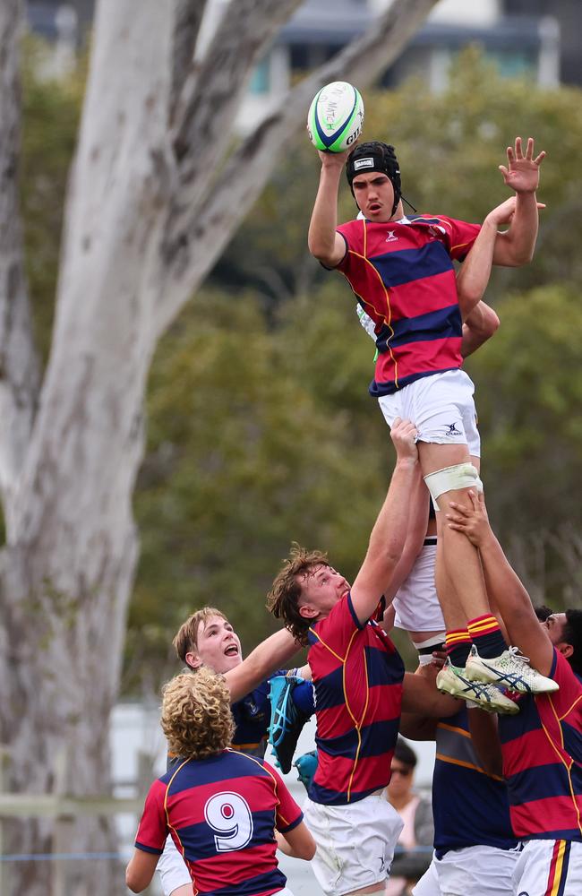 Action from the GPS rugby round 1 match between Churchie and Brisbane State High. Pictured is Brisbane’s Mattias Agent. Picture: Tertius Pickard