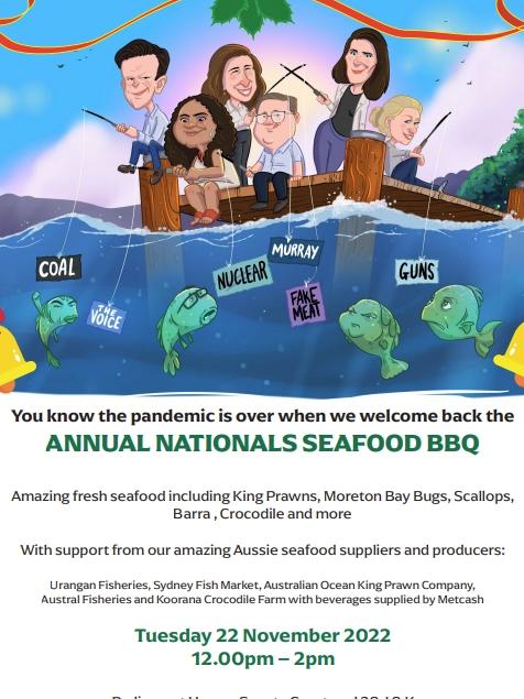 Cartoon and invitation for the Nationals’ annual seafood barbecue at Parliament House in Canberra.