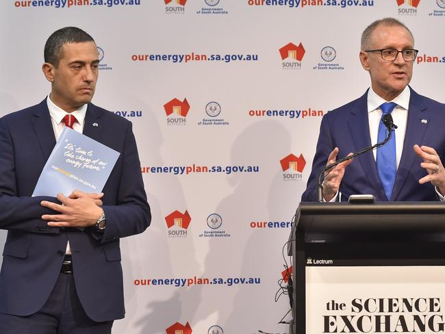 Premier Jay Weatherill and Energy Minister Tom Koutsantonis unveiling the energy plan. AAP Image/David Mariuz