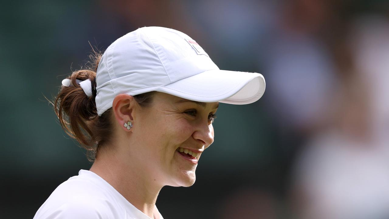 LONDON, ENGLAND - JULY 10: Ashleigh Barty of Australia looks on as she plays with Casey Dellacqua of Australia against Andrea Petkovic of Germany and Magdalena Rybarikova of Slovakia in the Ladies' Invitation Doubles round robin match during day ten of The Championships Wimbledon 2024 at All England Lawn Tennis and Croquet Club on July 10, 2024 in London, England. (Photo by Clive Brunskill/Getty Images)