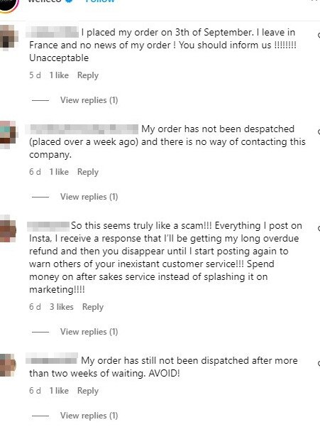 Screenshots of comments from disgruntled customers of Elle Macpherson's WellCo products. Source: Instagram