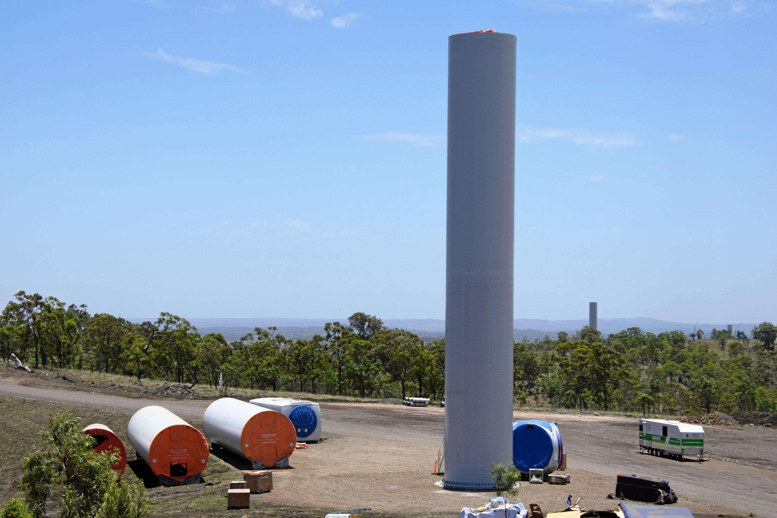 A look at the Coopers Gap wind farm with the completion of the third wind turbine only days away. Picture: Matt Collins