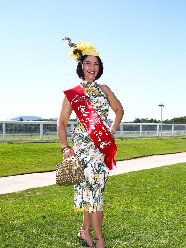 Fashions on the Field winner Amanda Manson at the Cairns Cup’s Ladies Day at Cannon Park, Woree. Picture: Brendan Radke