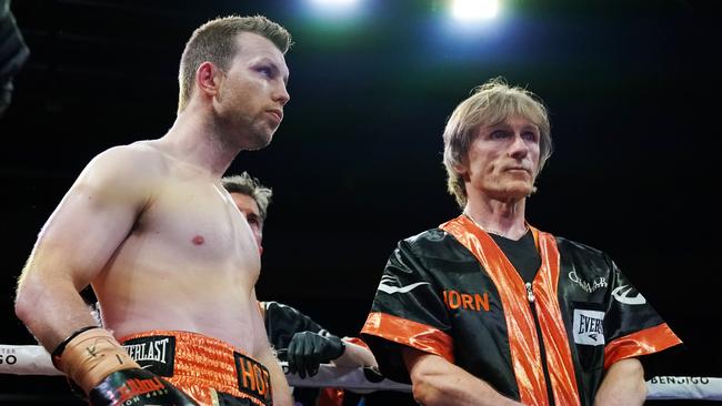 Jeff Horn and his long-time trainer Glenn Rushton in Bendigo on Saturday night. Picture: AAP