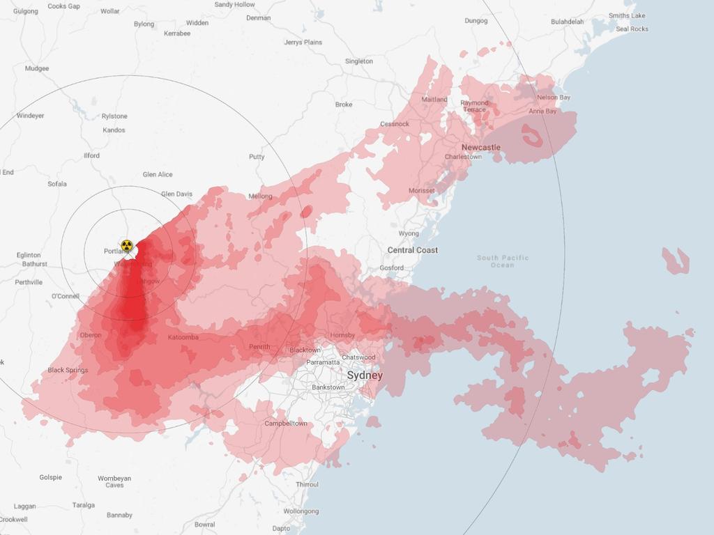 The Caesium-137 footprint left over from the 2011 Fukushima nuclear disaster mapped over nuclear power proposed for Mount Piper, New South Wales.