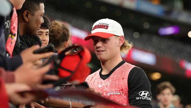 Jake Fraser-McGurk of the Renegades thanks fans at Marvel Stadium in December. Picture: Kelly Defina/Getty Images.