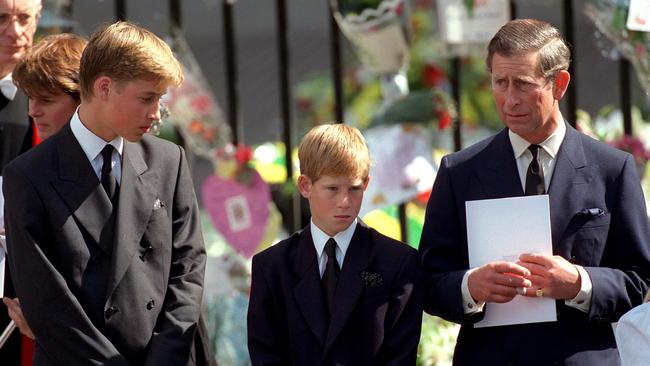 King Charles ‘deeply regrets’ making Prince William and Prince Harry walk behind their mother Princess Diana’s coffin. Picture: Anwar Hussein/WireImage