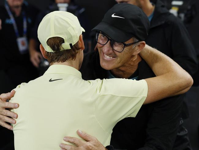 NCA. MELBOURNE, AUSTRALIA. 24th January 2025.   Day 15 . Australian Open Tennis at Melbourne Park. Mens final.  Jannik Sinner vs Alexander Zverev on Rod Laver Arena .   Jannik Sinner hugs his coach Darren Cahill   .  Picture: Michael Klein