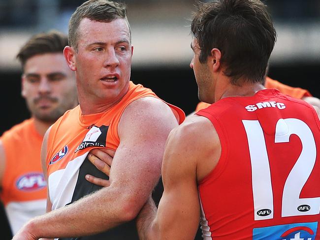 Not related to the incident but here the Giants Steve Johnson and Sydney's Josh Kennedy come together early in first quarter before Johnson unfairly took out Kennedy at other end of ground during AFL Qaulifying Final between the Sydney Swans v GWS Giants at ANZ Stadium. picture. Phil Hillyard