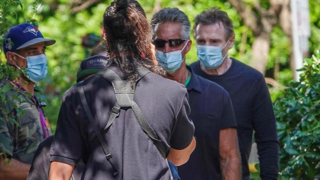 Neeson was spotted wearing a mask between takes. Picture: Alex Coppel