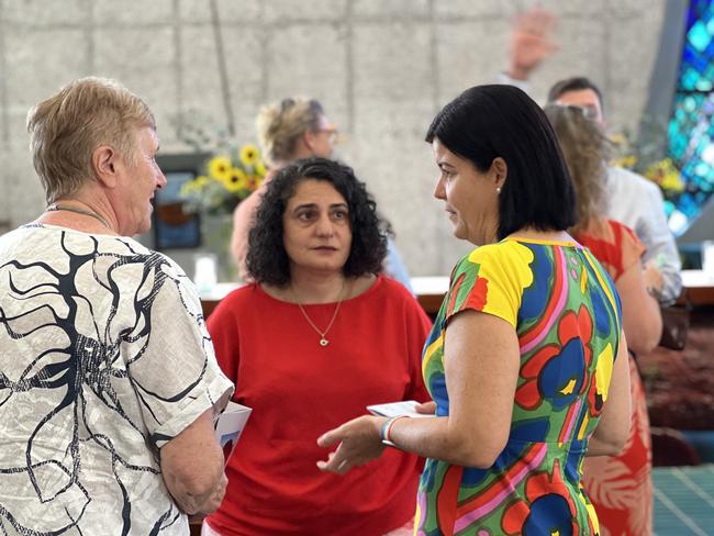 Palmerston mayor Athina Pascoe-Bell (M) and Chief Minister Natasha Fyles (R) were among several politicians from both sides of politics that came to farewell Fay Miller. Picture: Fia Walsh