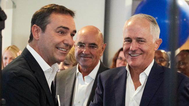 SA Liberal Leader Steven Marshall, state Liberal President John Olsen and Prime Minister Malcolm Turnbull. Picture: AAP / Matt Loxton