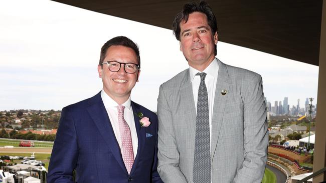 Gillon McLachlan, right, with Victorian Labor MP Anthony Carbines on Cox Plate Day at the Moonee Valley Racecourse. Picture: Mark Stewart