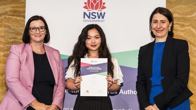 Renee Giang from Sydney Girls High School with Minister for Education Sarah Mitchell and Premier Gladys Berejiklian at yesterday’s First in Course Awards at UNSW. Picture: NSW Education Standards Authority Flickr