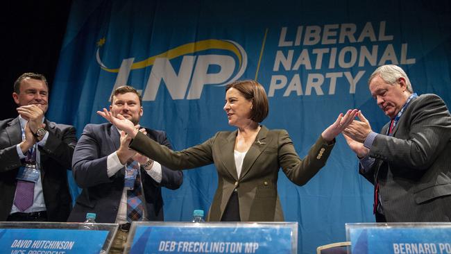 Then Queensland LNP President Gary Spence, Queensland LNP Vice President David Hutchinson, Queensland LNP leader Deb Frecklington and Queensland LNP Honorary Legal Adviser Bernard Ponting at the Queensland LNP State convention in 2018. Picture: AAP Image/Glenn Hunt