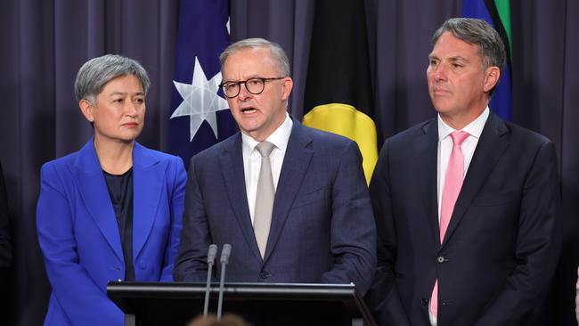 Penny Wong, left, and Richard Marles, right, will meet with Japanese officials in December. Picture: Getty Images