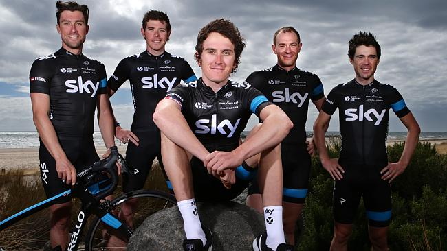 Sky Procycling team, from left, Bernard Eisel, Luke Rowe, Geraint Thomas, Ian Stannard and Philip Deignan at Glenelg. Picture...