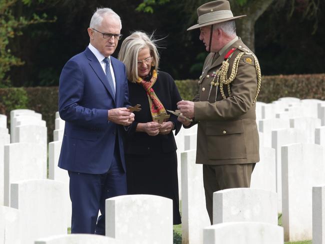 Prime Minister Malcolm Turnbull and Lucy Turnbull visit Heilly Station Cemetery where Lucy's great uncle R F Hughes is buried. Picture: Ella Pellegrini