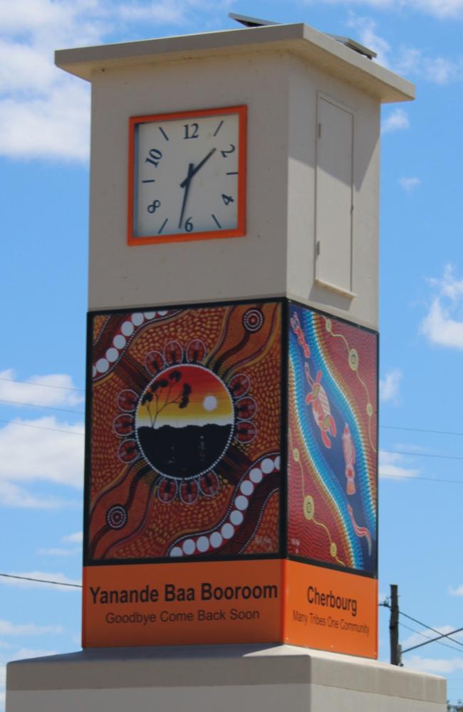 The Cherbourg Community Clock was built by the community in 2021, and contains messages of welcome and farewell in Wakka Wakka language.