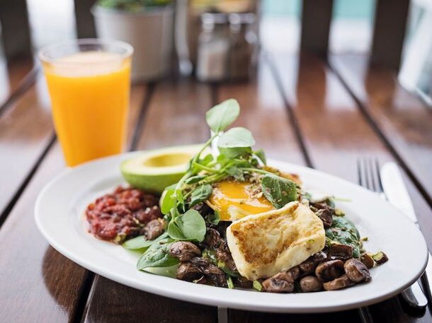 The all-day haloumi stack for brunch at the Cottage Point Kiosk. Picture: Cottage Point Kiosk