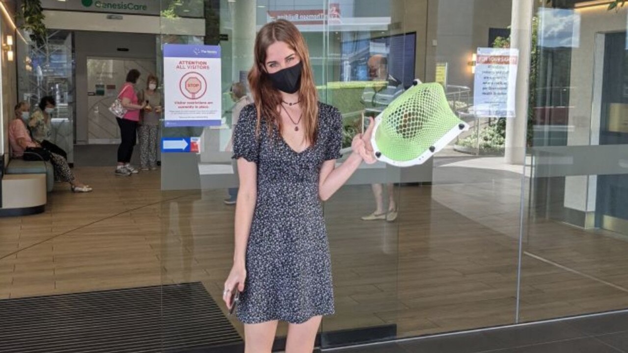 Paige Simpson, 18, looking happy on the last day of 12 weeks of radiation therapy, but weeks later she would find out that treatment was unsuccessful in reducing the tumour. Picture: Supplied