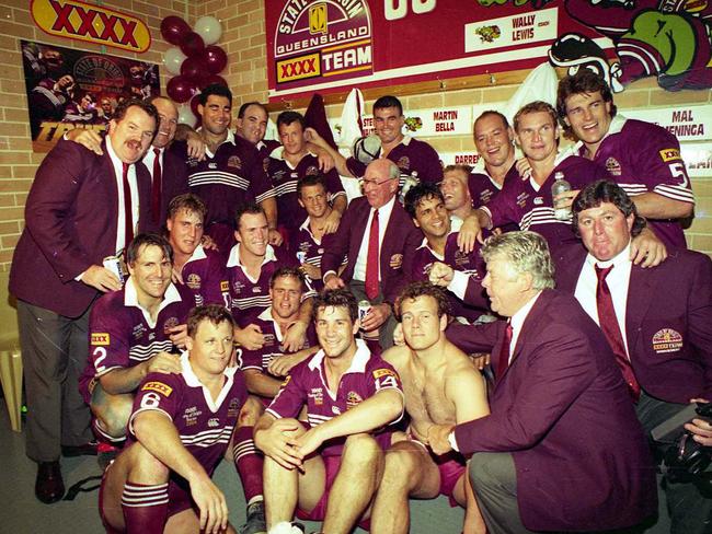 Queensland celebrate the Game 1 victory. Picture: Geoff McLachlan