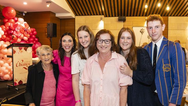 Fitzy's Colour of Change luncheon guest speaker Carmel Charles (centre) with family Wendy Kelly, Bernadette Kelly, Laura Charles, Lucy Charles and Tom Charles raising funds for local breast cancer support, Thursday, May 26, 2022. Picture: Kevin Farmer