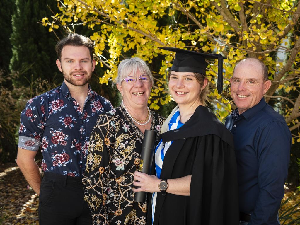 Bachelor of Communication and Media (Journalism) graduate Jessica Klein celebrates with family (from left) Brett, Tracey and Rodney Klein at a UniSQ graduation ceremony at Empire Theatres, Tuesday, June 27, 2023. Picture: Kevin Farmer