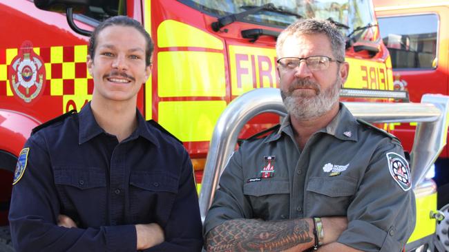 NT Fire and Rescue Service firefighter Tanner Coulthard and Bushfires NT fire management officer Simon Casey at the Alice Springs fire station. Picture: Gera Kazakov