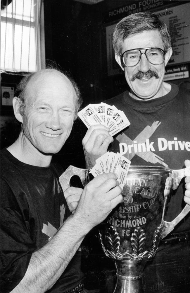 Then-Richmond coach Kevin Bartlett and president Neville Crowe during the Save Our Skins appeal. Picture: Ian Stevenson