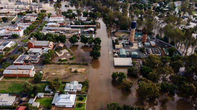 ROCHESTER, AUSTRALIA - JANUARY 9: A drone view shows the floodwater impact that affected the Rochester township on January 9, 2024 in Rochester, Australia. Severe weather warnings were in place for vast swathes of central Victoria after heavy rainfall overnight. Residents of Rochester and other nearby towns were warned to evacuate ahead of the expected arrival of flood waters on Tuesday. (Photo by Diego Fedele/Getty Images)