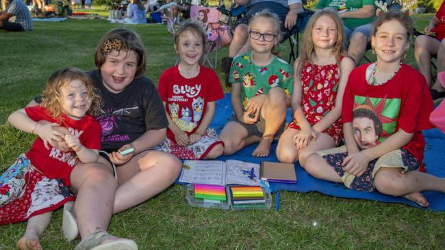 (From left) Elsie Alsop, Daniella Hermann, Ziggy Alsop, Alice Alsop, Eleanor Taylor and Hadley Alsop. Triple M Mayoral Carols by Candlelight. Sunday 8th December, 2024. Picture: Nev Madsen.