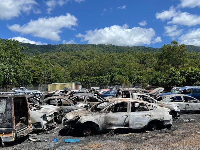 A fire at the Smithfield RoadTek depot destroyed at least 12 vehicles on March 22, closing the nearby Kennedy Hwy for more than an hour. Picture: Andreas Nicola