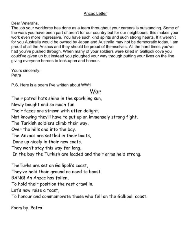 A letter and poem from Connells Point Public School student Petra.