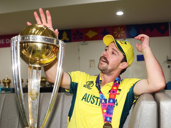 Travis Head celebrated Australia’s World Cup victory long and hard. Picture: Getty