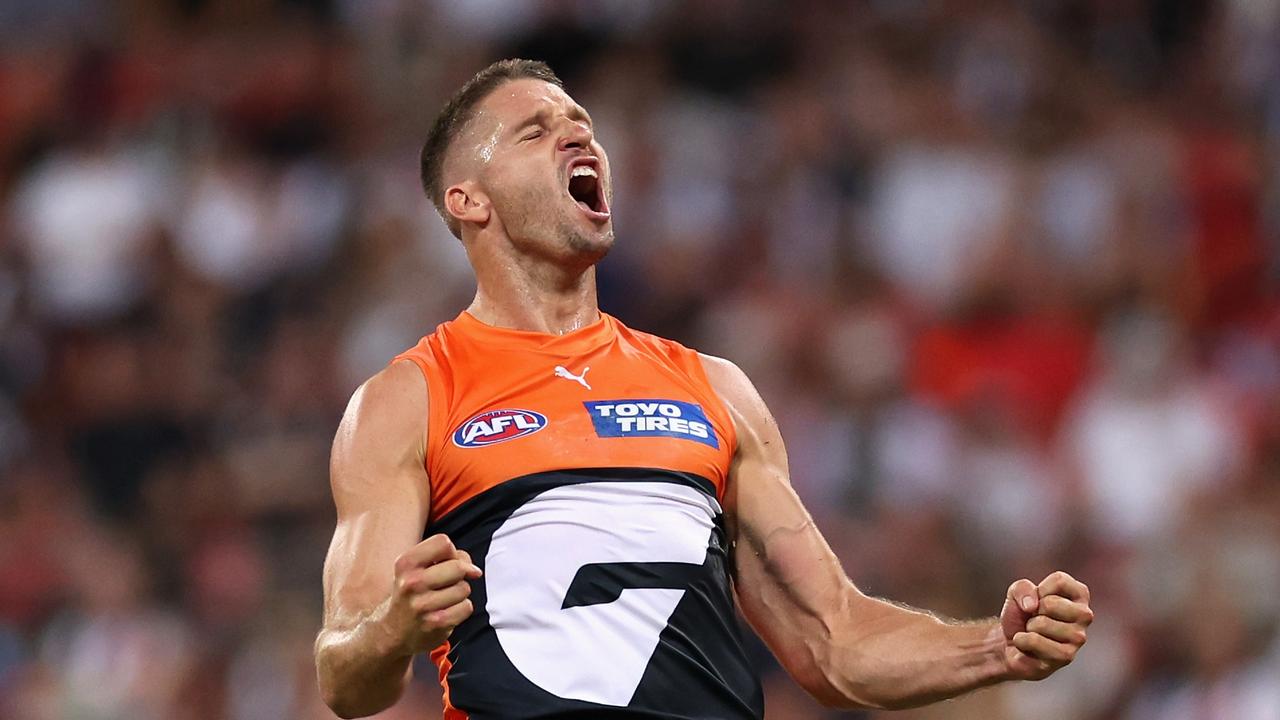 SYDNEY, AUSTRALIA – MARCH 09: Jesse Hogan of the Giants celebrates kicking a goal during the AFL Opening Round match between Greater Western Sydney Giants and Collingwood Magpies at GIANTS Stadium, on March 09, 2024, in Sydney, Australia. (Photo by Cameron Spencer/Getty Images)