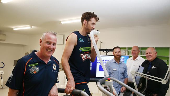 CQUniversity officially opened their new Exercise and Sport Science laboratory, housed in the Cairns Baskeball building at Manunda, in 2018. Cairns Taipans CEO Mark Beecroft, then co-captain Alex Loughton, and CQUniversity Exercise and Sports Science Lecturer Dr. Joshua Guy (centre), are among those pictured. Picture: Brendan Radke