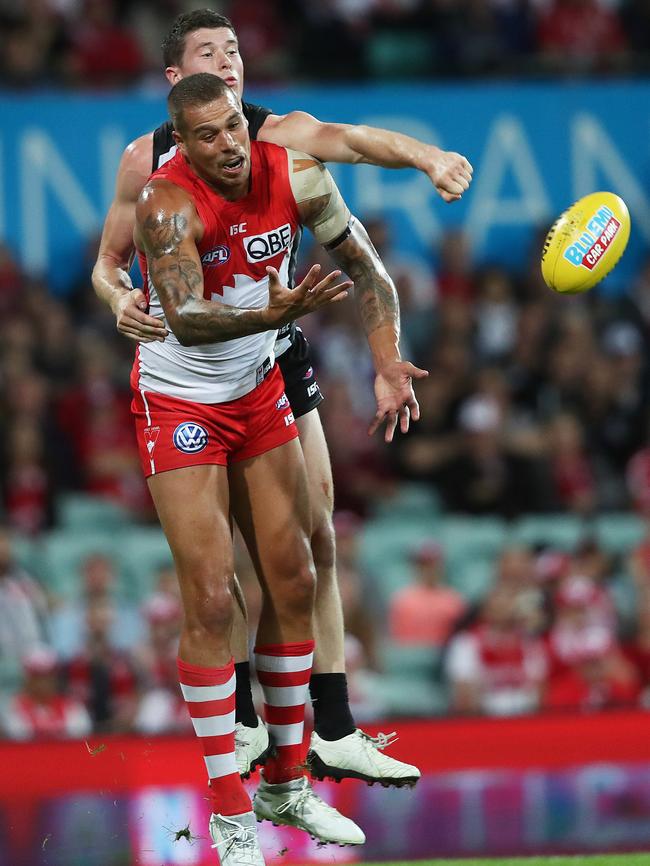 Henry Schade blanketed Lance Franklin in Collingwood’s Round 3 clash against Sydney. Picture. Phil Hillyard