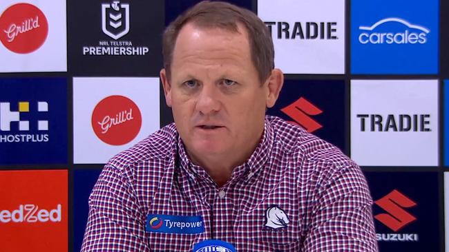 Brisbane Broncos coach Kevin Walters speaks to the media after another loss this season to the melbourne Storm