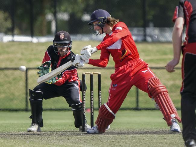 Mordialloc batter Harrison Scott cuts against South Caulfield last season. Picture: Valeriu Campan