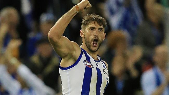 Jarrad Waite celebrates one of his four goals. Picture: Wayne Ludbey