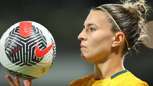 PERTH, AUSTRALIA - OCTOBER 26: Steph Catley of the Matildas waits for a corner kick during the AFC Women's Asian Olympic Qualifier match between Australia Matildas and IR Iran at HBF Park on October 26, 2023 in Perth, Australia. (Photo by James Worsfold/Getty Images)