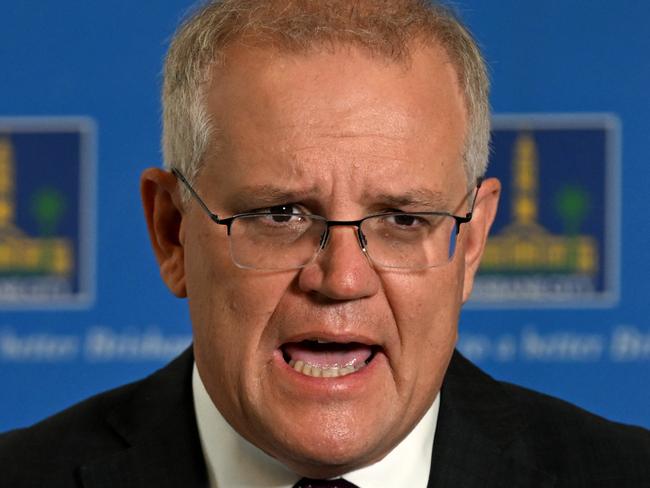 BRISBANE, AUSTRALIA - NewsWire Photos - FEBRUARY 28, 2022.Australian Prime Minister Scott Morrison speaks at a press conference as he visits the Local Disaster Coordination Centre in Brisbane City Council for an update on the floods situation in Queensland.Picture: NCA NewsWire / Dan Peled