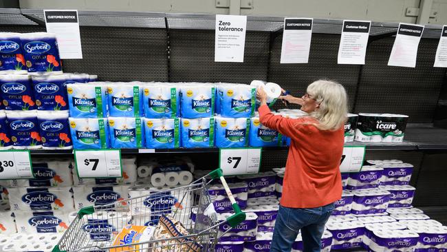 Panic buying at the onset of the coronavirus pandemic led to buying limits on products such as toilet paper. Picture: AAP Image/James Gourley.