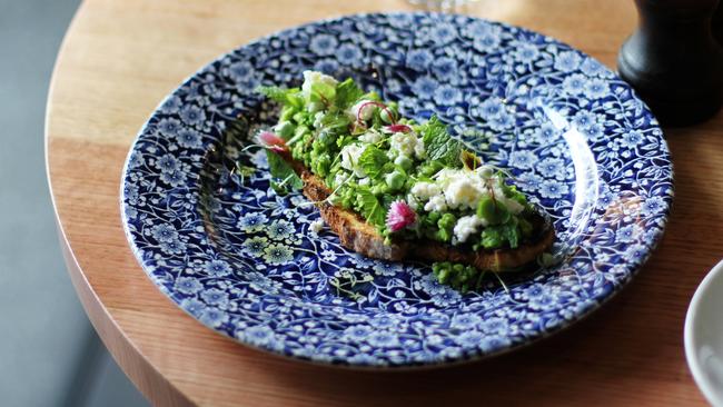 Fava bean and pea bruschetta at Polpetta restaurant at the new Brisbane Art Series Hotel The Fantauzzo. Picture: Supplied